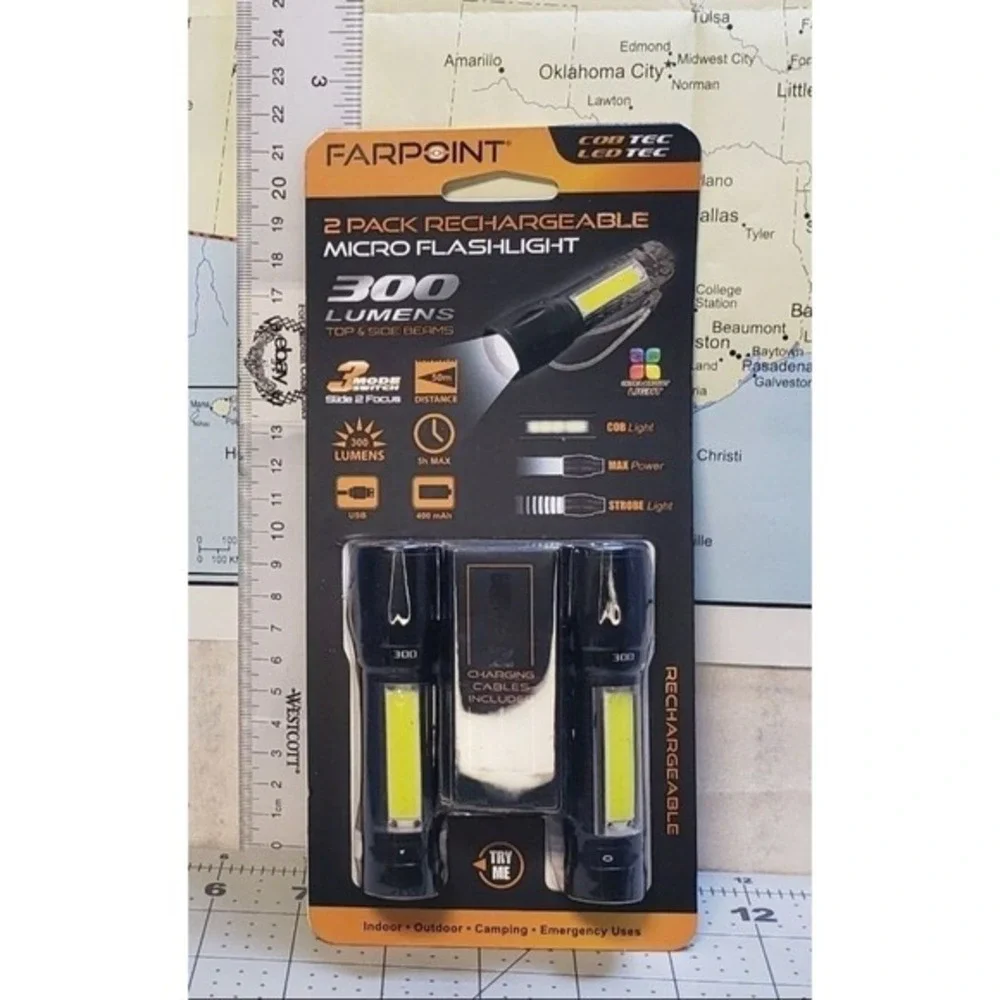Micro Flashlight Farpoint‎ USB Rechargeable 300 Lumens Black 2 Pack